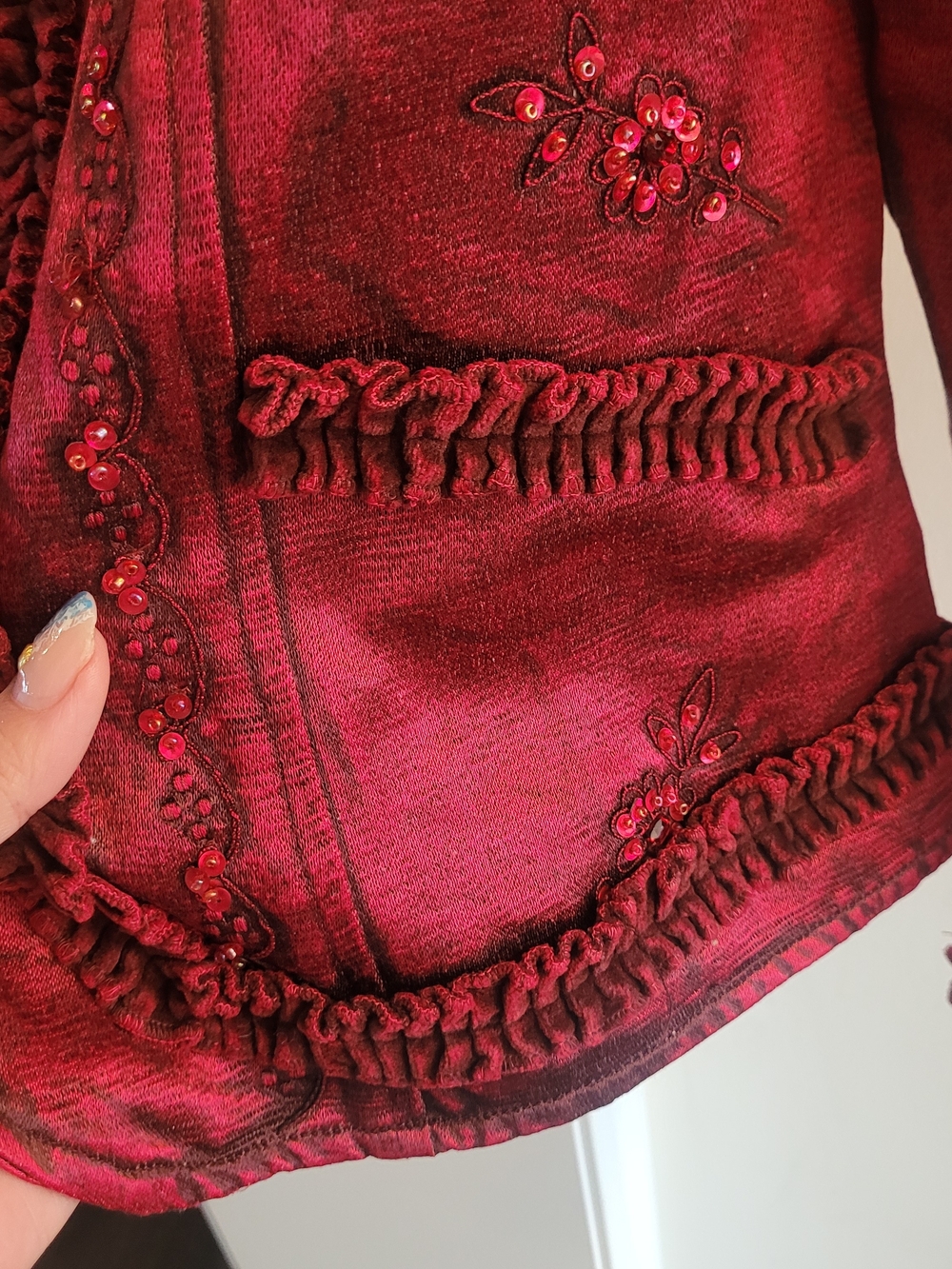 Parsley & Sage Embellished Ruffle Trim Jacket | Boho Artsy Cardigan | Medium - Picture 6 of 12